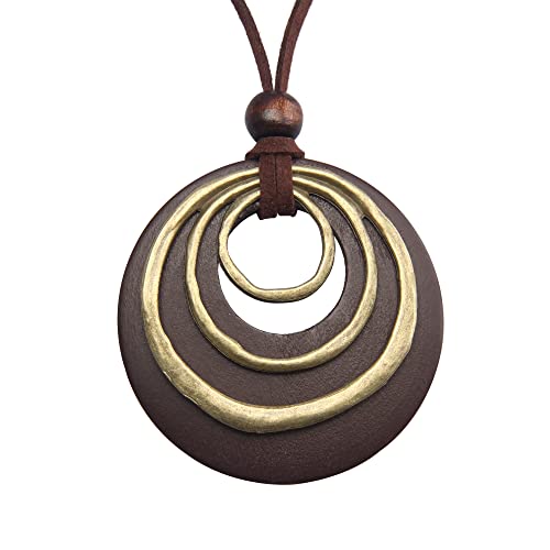 GelConnie Leather Cord Necklace Chain Multilayer Wooden Pendant Necklaces Vintage Jewelry Boho Long Sweater Necklace for Women Men - color: Brown Leather Necklace