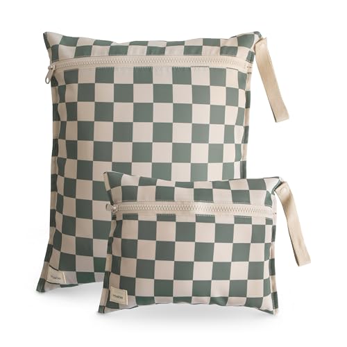 mushie Water Resistant Wet Bags | Large & Small Reusable Storage Bag for Baby Items and Travel | Zippered Pockets with Handle | Machine Washable, Set of 2 (Olive Check) - color: Olive Check