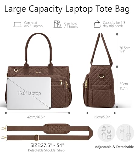 Bagstellar Teacher Bags for Women, 15.6 inch Laptop Work Tote Bag Quilted Nurse Bible Computer Shoulder Bag for School Travel | Dream Tote Work Bag - color: Chocolate