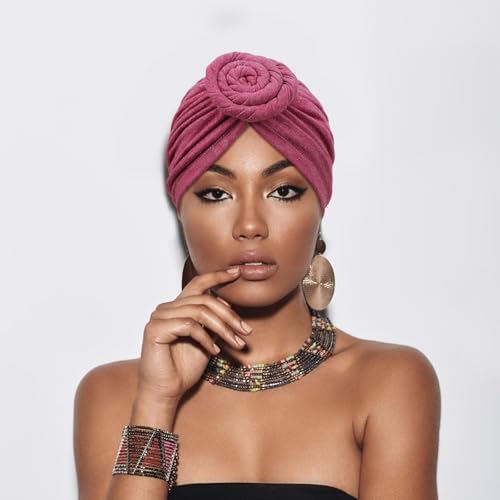 DRESHOW 5 Pack Knotted Headwraps for Women African Turban Pre-Knotted Beanie Headwraps Hair Covers - color: 5 Pack Donuts: Ivory, Taupe, Black, Gray, Fuchsia