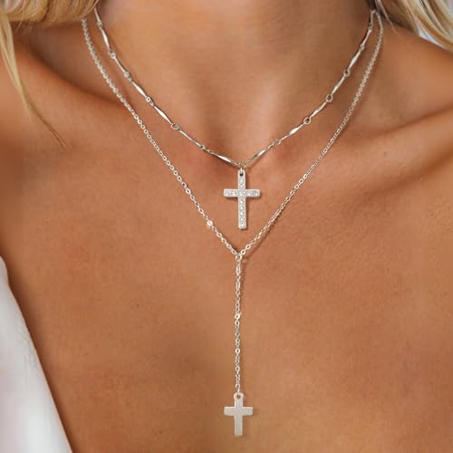 DALI Long Gold Necklaces for Women, Dainty Layered Sterling Silver Plated Y Shaped Necklace Stack Non Tarnish Cross CZ Pendant Long Chain Choker Adjustable Necklaces Jewelry for Vacation Christmas - color: Silver Cross Long Necklace