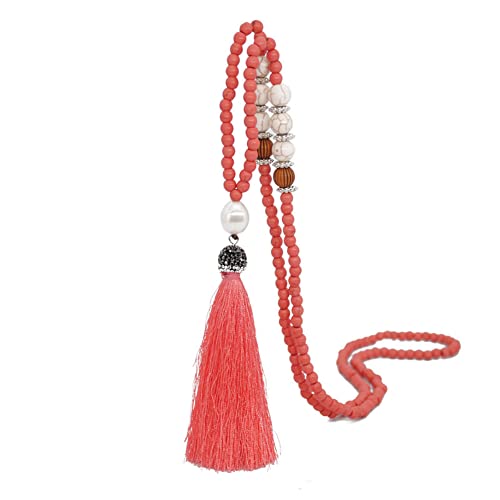 Handmade Multicolor Long Tassel Fringe Pendant Necklace Turquoise Pearl Crystal Mala Beads Necklace for Women Ethnic Boho Prayer Jewelry - color: pink