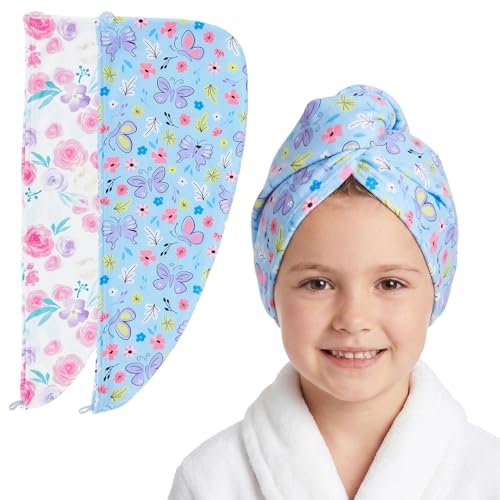 Basumee Microfiber Hair Towel Wrap for Kids 2 Pack Rapid Drying Hair Towel with Button Hair Turbans for Wet Hair Wraps Head Towel Wrap for Women and Girls, Flower - color: Flower and Butterfly