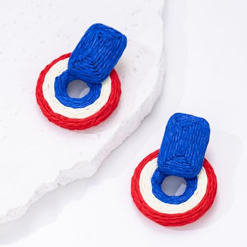 Statement Raffia Earrings Cute Boho Earrings Rattan Dangle Earrings Handmade Straw Wrap Earrings Summer Drop Dangling Earrings for Women Teen Girls - color: White/Red/Blue
