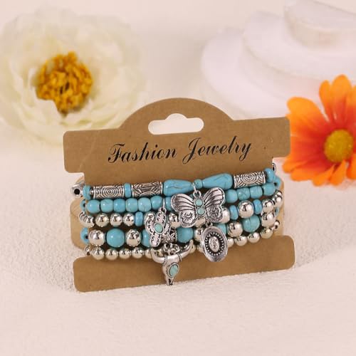 Western Outfit for Women Bohemian Vintage Stackable Turquoise Bracelet Rustic Beaded Cow Head Charm Stretch Bracelet Western Jewelry Country Concert Outfits for Women - style: Style3
