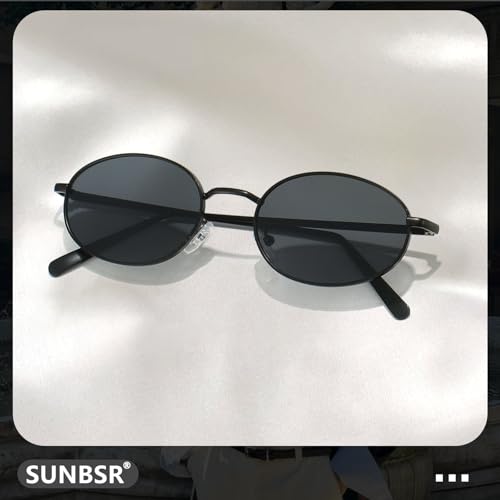 Retro Oval Sunglasses for Women Men 90s Trendy Small Round Gold Sun Glasses Fashion Narrow Metal Frame Shades - color: Black/Grey
