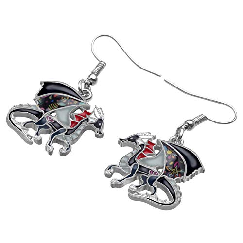 Enamel Alloy Dinosaur Fantasy Dragon Earrings Drop Dangle Unique Animal Jewelry For Women Dragons Gifts - color: Black