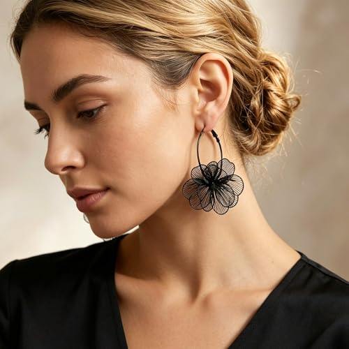 Gold Flower Statement Earrings for Women Boho Trendy Hoop Earrings Floral Dangle Petal Earring Prom Wedding Jewelry Gifts - color: A3:black