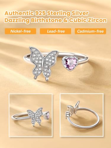 Bestyle 925 Sterling Silver Butterfly Ring Hypoallergnic Adjustable Birthstone Rings for Women Butterfly Jewelry Gifts for Anniversary Mothers' Day Birthday - color: 10.October (Pink Tourmaline)