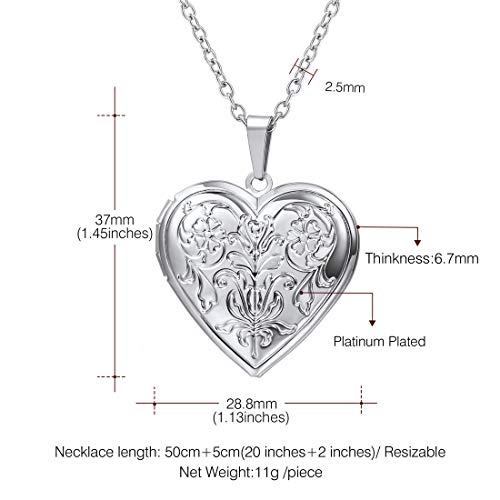 U7 Women Locket Necklace Platinum 14K Gold Photo Lockets that Hold Picture,Chain 20 Inch Personalized Gift Custom Love Heart Image Necklaces - color: 02# Platinum*Flower Grain