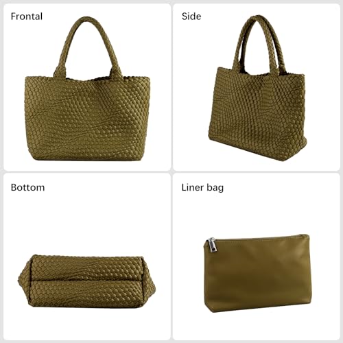 Woven Tote Bag Womens Purse Vegan Leather Shoulder Handbags Fashion Summer Beach Tote Bags Large Travel Totes - color: Olive Green