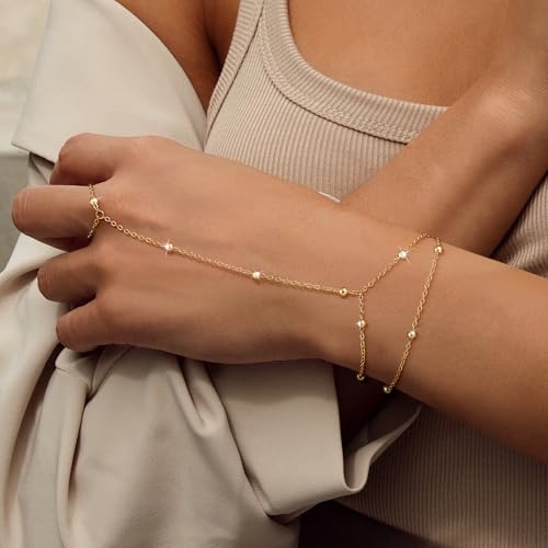 Moodear Gold Hand Chain Bracelet for Women - 14K Gold Plated/Sterling Silver Layered Adjustable Satellite Bead Paperclip Dot CZ Link Hand Chain Ring Bracelets Non Tarnish Trendy Jewelry Gift - style: bead hand chain-GD