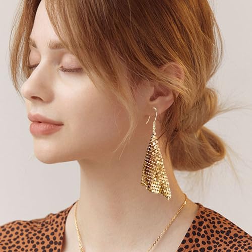 Sequin Earrings for Women Metal Mesh Grid Sequins Tassel Long Drop Dangle Earrings Trendy Charms Bridal Wedding Jewelry - color: Gold