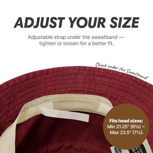Hot Summer Bucket Hat - Trendy Cotton Sun Hat for Beach, Golf, Fishing - Fun Outdoor Vacation Boonie for Men and Women - color: Burgundy.