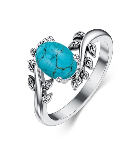Genuine Turquoise Ring for Women Western Oval Gemstone Jewelry 925 Sterling Silver Leaf Bohemian Boho for Her Wife Mom - color: Turquoise