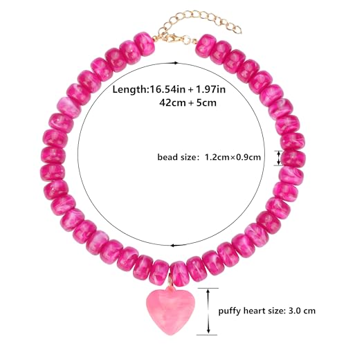 Chunky Colorful Beaded Statement Boho Summer Beach Chokers Necklace Heart Pendant Pink Green Yellow Brown Fashion Jewelry - color: Cranberry pink
