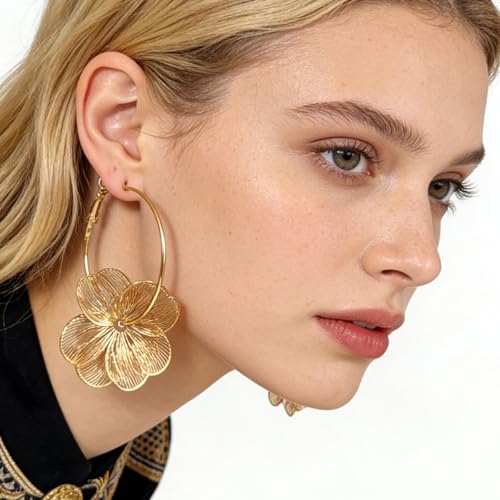 Gold Flower Earrings for Women Boho Orchid Earrings Floral Hoop Petal Earring Prom Wedding Jewelry - style: A:GOLD