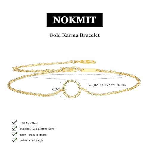 NOKMIT Solid 925 Sterling Silver Bracelets for Women, Dainty Interlocking Circles Cubic Zirconia Adjustable Chain Bracelet, Trendy Stackable Link Bracelets, Simple Cute Jewelry Gifts - color: Gold Karma Circle