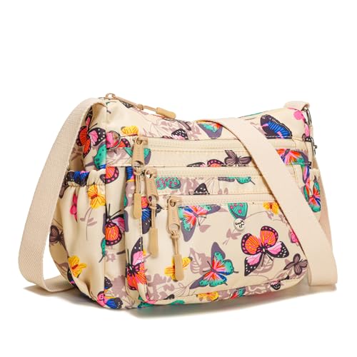 AOCINA Crossbody Bags for Women Multi Pocket Nylon Lightweight Ladies Purses Messenger Shoulder Handbags Satchel Travel Bag - color: Beige Butterfly, size: Large