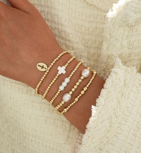 Gold Beaded Bracelets for Women, 14K Real Gold Plated Jewelry for Women Dainty Pearl Bead Bracelets Stack, Non Tarnish Trendy Stackable Ball Cross Stretch Bracelet Set Fashion Accessories Gifts - color: Gold small bead cross