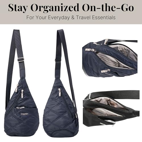 Baggallini Mini Sling - 12x7 Sling Crossbody Bag Backpack with Adjustable Shoulder Strap - color: French Navy Quilt