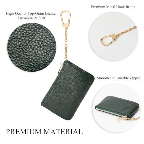 Full Grain Leather Coin Purse with Key Chain - Small Change Purse Keychain Card Holder Keychain Pouch Small Keychain Wallet for Women and Men (Forest Green) - color: Forest Green, Regular Size