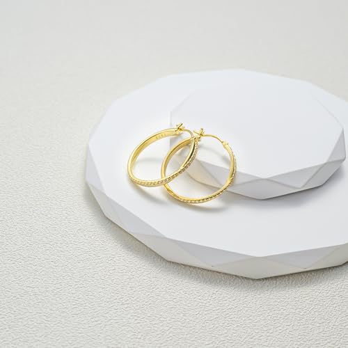 14K Gold Hoop Earrings for Women, Hypoallergenic Gold Vermeil Earrings for Sensitive Ears with Cubic Zirconia, 14K Gold Plated 925 Sterling Silver Jewelry Gifts for Women, 28mm