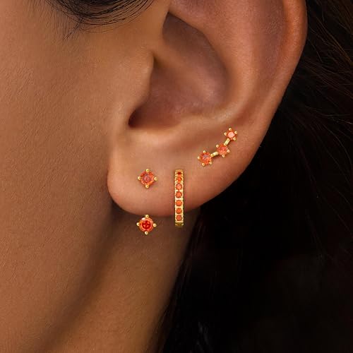 3 Pairs Dainty Small 4th of July Earrings for Women Trendy, Birthstone Stud Huggie Hoop Jacket Stack for Cartilage Helix, Gold Plated Hypoallergenic Cute Women Fashion Accessories Western Jewelry Gifts - color: 07Orange-July (Gold)