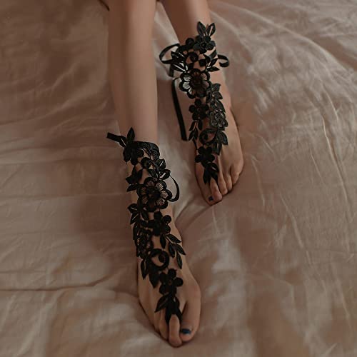 Asphire Sexy Lace Embroidery Anklet with Toe Ring 2pcs Floral Bridal Barefoot Sandals Vintage Wedding Foot Ankle Slave Bracelet Prom Festival Foot Jewelry for Women (Black)