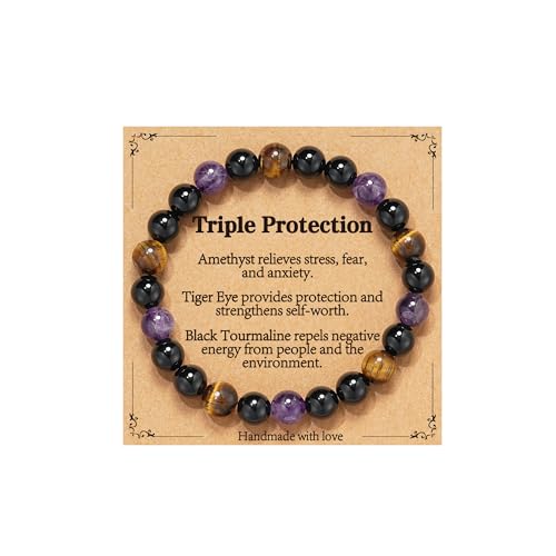 Gnamy Healing Crystal Bracelet for Women, Natural Stone Beaded Healing Crystal Bracelet Triple Protection Stress Relief Beads Jewelry Birthday Gifts Jewelry for Her - style: Triple Protection-2