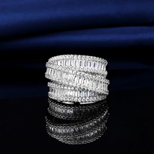 MDFUN 18K White Gold/Yellow Gold Plated Halo Wedding Eternity Ring for Women, 3 Rows Emerald Cut Cubic Zirconia Rings Statement Band Size 5-10 - color: White Gold