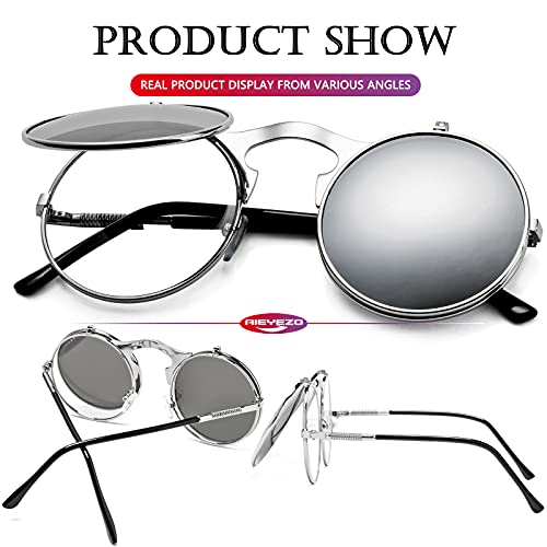 AIEYEZO Round Flip Up Sunglasses for Men and Women Rave Flip Glasses 90's Retro Steampunk Style - color: Silver/Siver Mirror