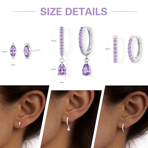 14K Gold Plated Small Huggie Hoop Earrings Set for Women, Hypoallergenic Dainty Sterling Silver Dangle Studs for Cartilage Helix, Lightweight Trendy Cute Stack Birthstone Jewelry Gift - color: 06_Alexandrite_Jun_Silver