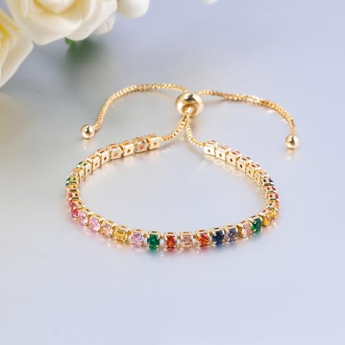 CiNily Adjustable Tennis Bracelets for Women Teen Girls Rainbow Cubic Zirconia Bracelet 14K White Gold Plated Hypoallergenic Slider Bracelet Jewelry Gift - color: Adjustable-Round Yellow Gold
