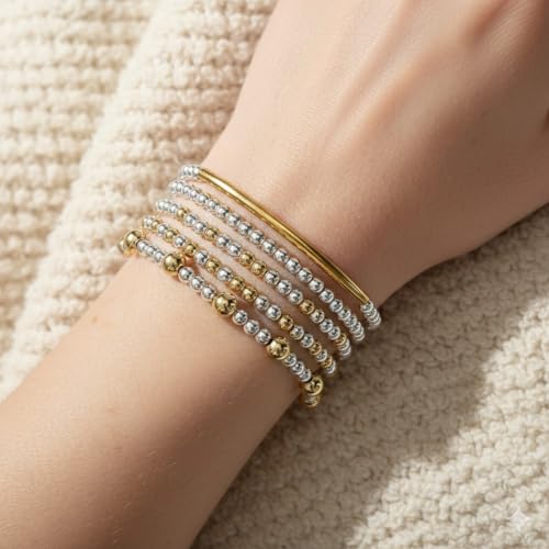 14K Gold Plated Beaded Bracelets Stack Set for Women,Stretch Boho Colorful Beads Ball Jewelry Friendship Summer Trendy - color: Gold silver