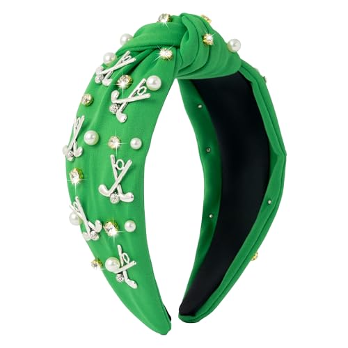 PANTIDE Golf Jeweled Knotted Headband - Golf Club Ball Pearl Rhinestone Embellished Headband Non Slip Wide Top Knot Costume Hairband Hair Accessories Sport Party Birthday Gift for Women Girls (Green) - color: Green Golf