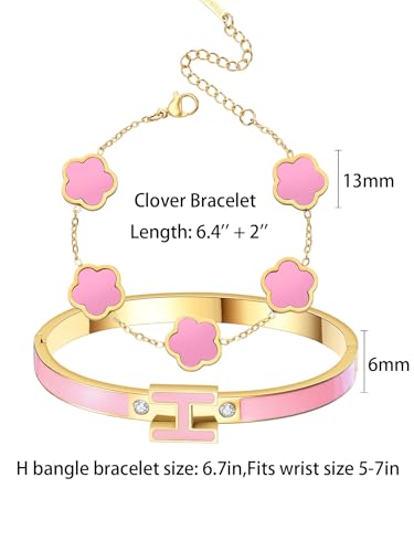 H Bangle & Clover Bracelet for Women - Stainless Steel Fashion Jewelry - 18K Gold Plated H Bangle and Lucky Five Leaf Clover Bracelet - Elegant Bracelets Set - Gift for Women - color: Gold-Pink Set