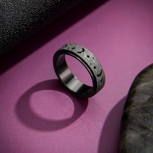 Anxiety Ring for Women Spinner Rings:Rotating Rings Stainless Steel 6mm Moon Star Anxiety for Men Band Jewelry Gift for Women Size 6 7 8 9 10 - color: B-Black