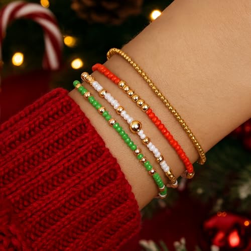 Matching Bracelets for Couple,Gold Silver Beaded Heart Couples Bracelets,Raomantic Relationship Promise Jewelry Gifts for Her - color: Christmas