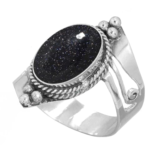 Handmade 925 Sterling Silver Plated Ring Natural Gemstone Carnelian, Rose Quartz, Tiger Eye, Crystal Oval Boho Jewelry For Women - color: Blue Sunstone