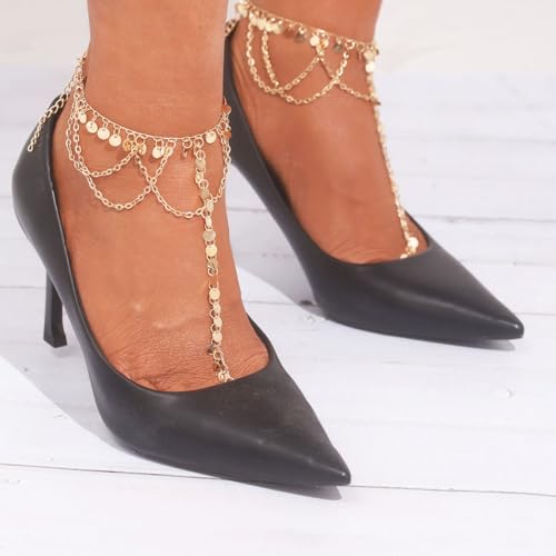 2PCS Gold Barefoot Sandals for Women Sequins Foot Chains Boho Beaded Anklets Layered Tassel Barefoot Sandals Jewelry - style: Sequins-B