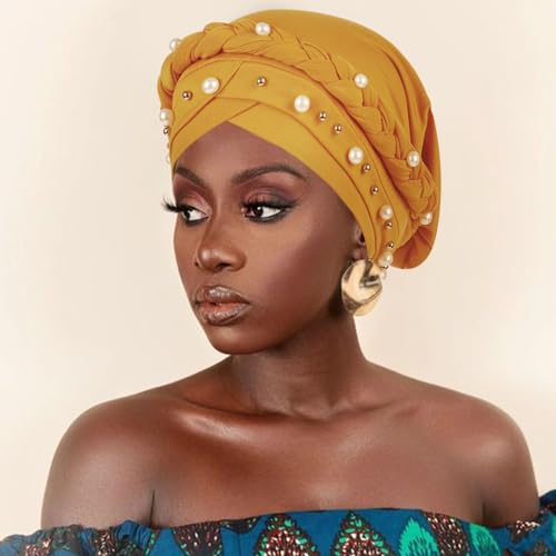 African Women Turban Caps Pre-Tied Twisted Turbans Head Scarf for Women Hair Wraps Cover Beanie Cancer Chemo Headwear - color: 1 Pack Twisted Braid: Pearls Ginger