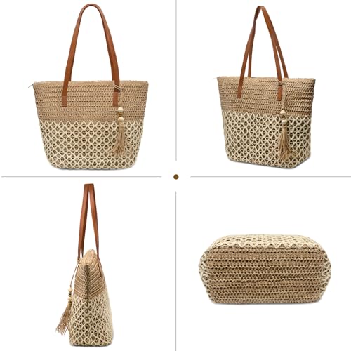 YAMEIZE Straw Woven Beach Shoulder Bags for Women Big Foldable Straw Tote bag Lightweight Raffia Bag with Zipper Summer - color: Multicoloured