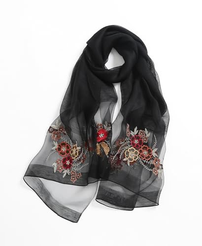 Jeelow Silk Blend Floral Fashion Scarf Shawl Wrap Lightweight Sheer For Women Floral Embroidery Wedding Party Prom - color: Petal Black