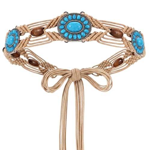 WHIPPY Boho Turquoise Belt for Women Wax Rope Braided Waist Belt Western Hand-Woven Bead Tassel Belts for Dress, 2” Wide - color: Khaki