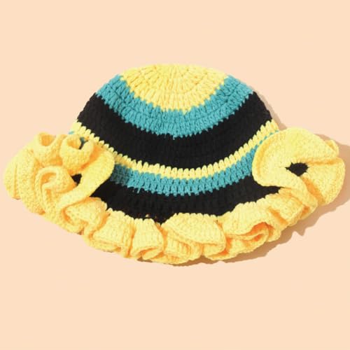 KORADI Womens Crochet Bucket Hat Ruffled Brim Knitted Hats Winter Boho Handmade Caps - color: Yellow&black