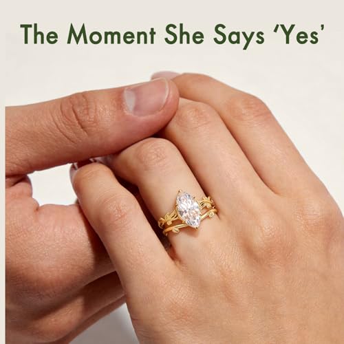 4CT Moissanite Marquise Engagement Ring Set for Women, Vintage Vine D Color VVSI 14K Gold Plated Promise Wedding Band, Bridal Festival Gift with Certificates - color: Gold, size: 9