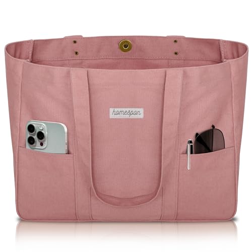 HOMESPON Large Canvas Tote Bag for Women Everything Bag with Pockets and Laptop Sleeve - color: Pink