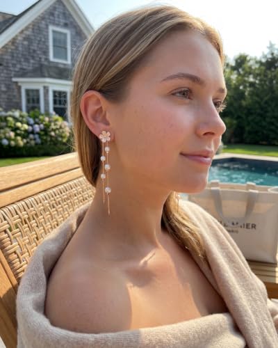 MUMREUES Gold Earrings for Women Trendy 14k Gold Plated Cubic Zirconia Flower Dangle Earrings Hypoallergenic Dainty Pearl Drop Chain Earrings Jewelry Gifts for Her - color: Flower & Rose Gold