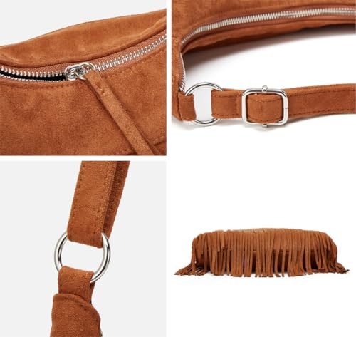 Suede Fringe Crossbody Bag for Women Ladies Stylish Leather Shoulder Bag Purse Handbag Fall Winter Spring - color: Brown